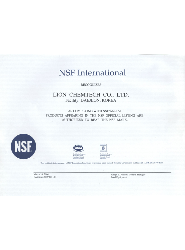 Lion Chemtech Co. Ltd. Conformitatea cu standardele NSF ANSI51